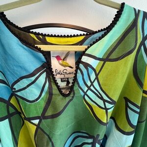 Lesley Evers caftan style resort dress in green and blue
